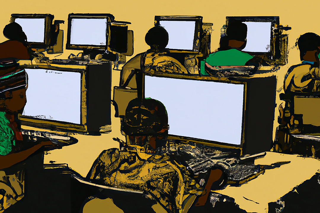 A seemingly endless view of African workers at desks in front of computer screens in a printmaking style.